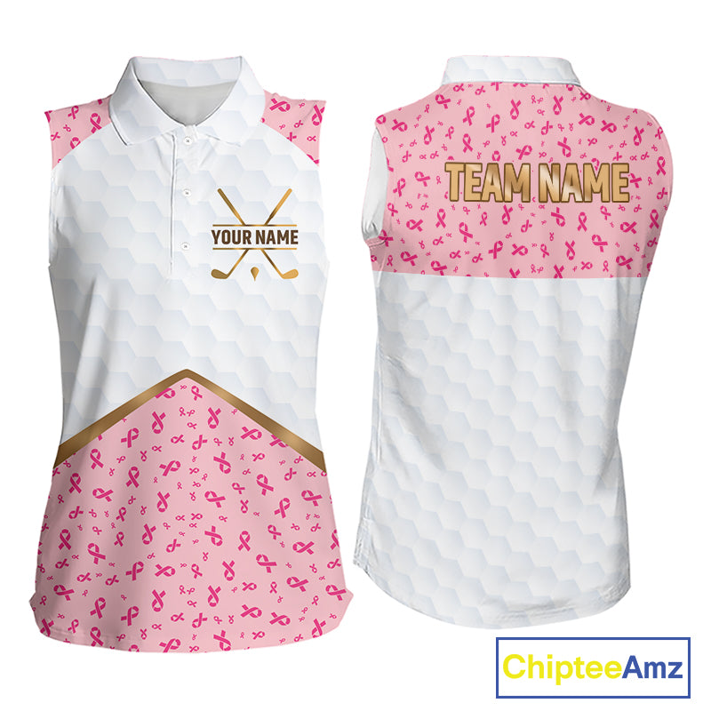 Custom Pink Ribbon Pattern Breast Cancer Golf Shirts For Womens, Breast Cancer Golf Jersey NHT797