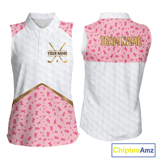 Custom Pink Ribbon Pattern Breast Cancer Golf Shirts For Womens, Breast Cancer Golf Jersey NHT797