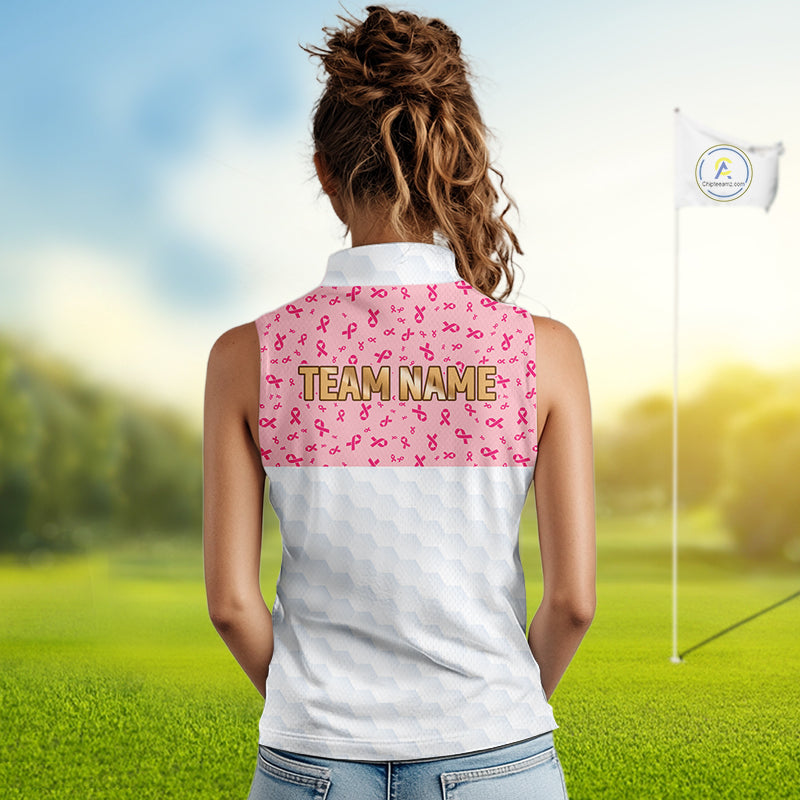Custom Pink Ribbon Pattern Breast Cancer Golf Shirts For Womens, Breast Cancer Golf Jersey NHT797