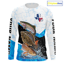 Load image into Gallery viewer, Fishing-themed long-sleeve shirt with fish graphics and a Texas flag design on a white background.