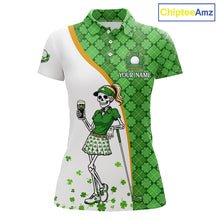 Load image into Gallery viewer, Custom St. Patrick's Day Womens Golf Polo Shirt – Lucky Shamrock Skeleton Golfer Team Uniform 