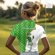 Load image into Gallery viewer, Person wearing a green and white polo shirt with a design and text overlay