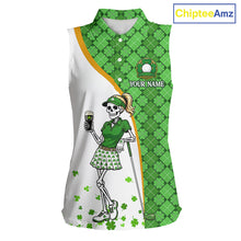 Load image into Gallery viewer, Custom St. Patrick's Day Womens Sleeveless Golf Polo Shirt – Lucky Shamrock Skeleton Golfer Team Uniform 