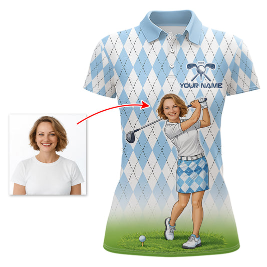 Personalized Argyle Style Funny Womens Golf Polo Shirt – Custom Face Portrait Cartoon Design NHT583