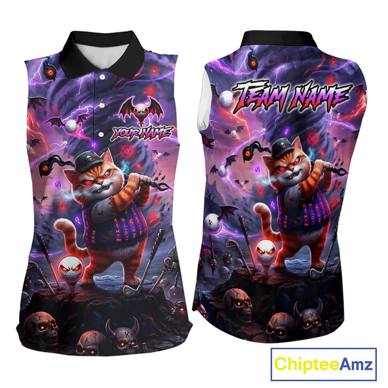 Personalized Sleeveless Women Golf Polo Shirts Angry Cat Golfer Gothic Lightning Theme Team Name Shirt NHT803