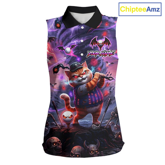 Personalized Sleeveless Women Golf Polo Shirts Angry Cat Golfer Gothic Lightning Theme Team Name Shirt NHT803