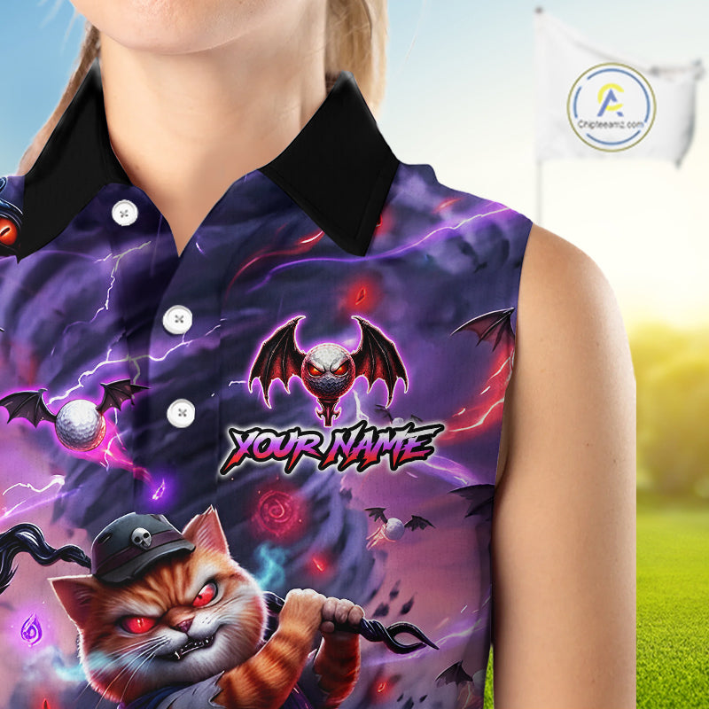 Personalized Sleeveless Women Golf Polo Shirts Angry Cat Golfer Gothic Lightning Theme Team Name Shirt NHT803
