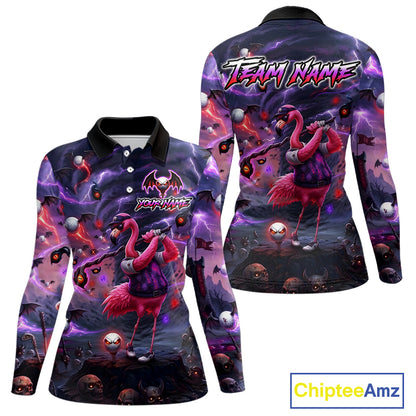 Personalized Womens Golf Polo Shirts Angry Flamingo Golfer Gothic Lightning Theme Team Name Shirt NHT804