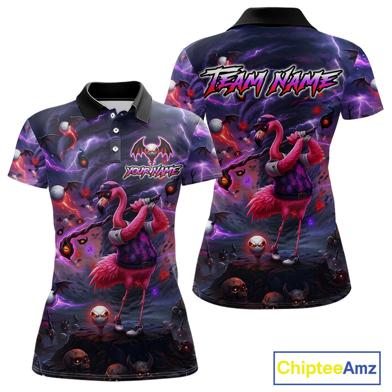 Personalized Womens Golf Polo Shirts Angry Flamingo Golfer Gothic Lightning Theme Team Name Shirt NHT804