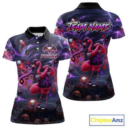 Personalized Womens Golf Polo Shirts Angry Flamingo Golfer Gothic Lightning Theme Team Name Shirt NHT804