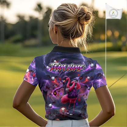 Personalized Womens Golf Polo Shirts Angry Flamingo Golfer Gothic Lightning Theme Team Name Shirt NHT804