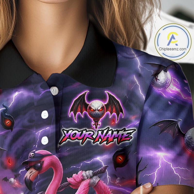 Personalized Womens Golf Polo Shirts Angry Flamingo Golfer Gothic Lightning Theme Team Name Shirt NHT804