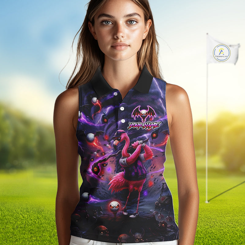 Personalized Sleeveless Women Golf Polo Shirts Angry Flamingo Golfer Gothic Lightning Theme Team Name Shirt NHT804