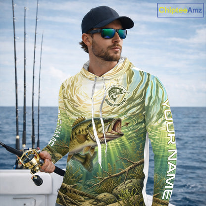 Largemouth Bass Fishing Jerseys For Men, Personalized Bass Long Sleeve Hooded Fishing Shirts NHT807