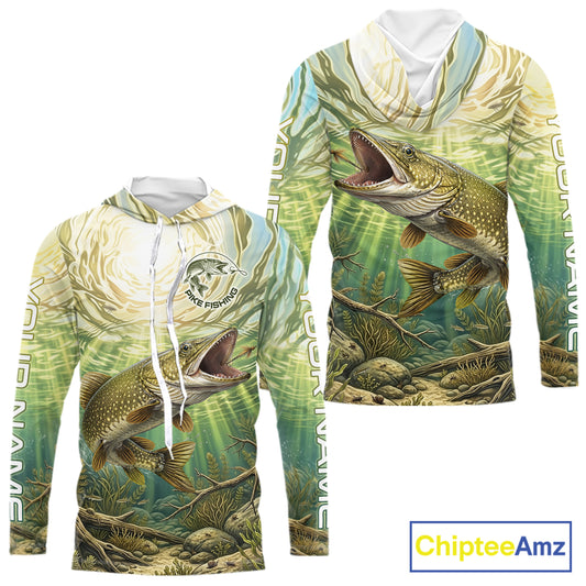 Northern Pike Fishing Jerseys For Men, Personalized Northern Pike Long Sleeve Hooded Fishing Shirts NHT808