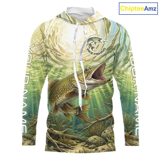 Northern Pike Fishing Jerseys For Men, Personalized Northern Pike Long Sleeve Hooded Fishing Shirts NHT808