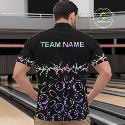 Personalized Bowling Shirt Black Neon Bowling Ball Custom Team Polo For Men NHT1269