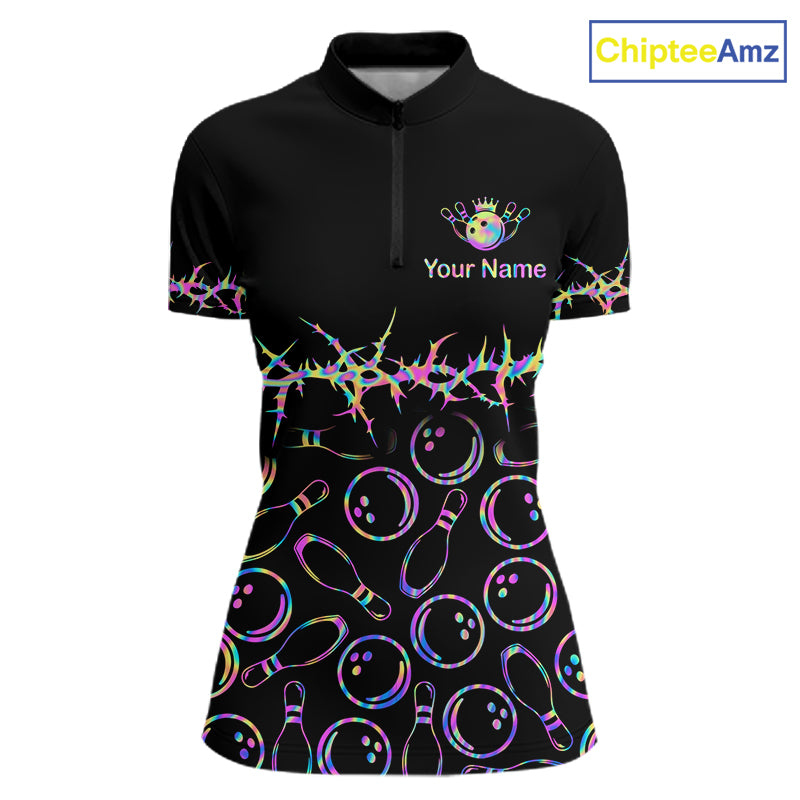 A women's short-sleeve black polo-style shirt with a half-zip collar, featuring a neon rainbow bowling-themed print with bowling pins, bowling balls, and thorny decorative lines. The chest has a crown graphic and the text 'Your Name' for personalization, with a 'ChipteeAmz' logo in the top right corner.