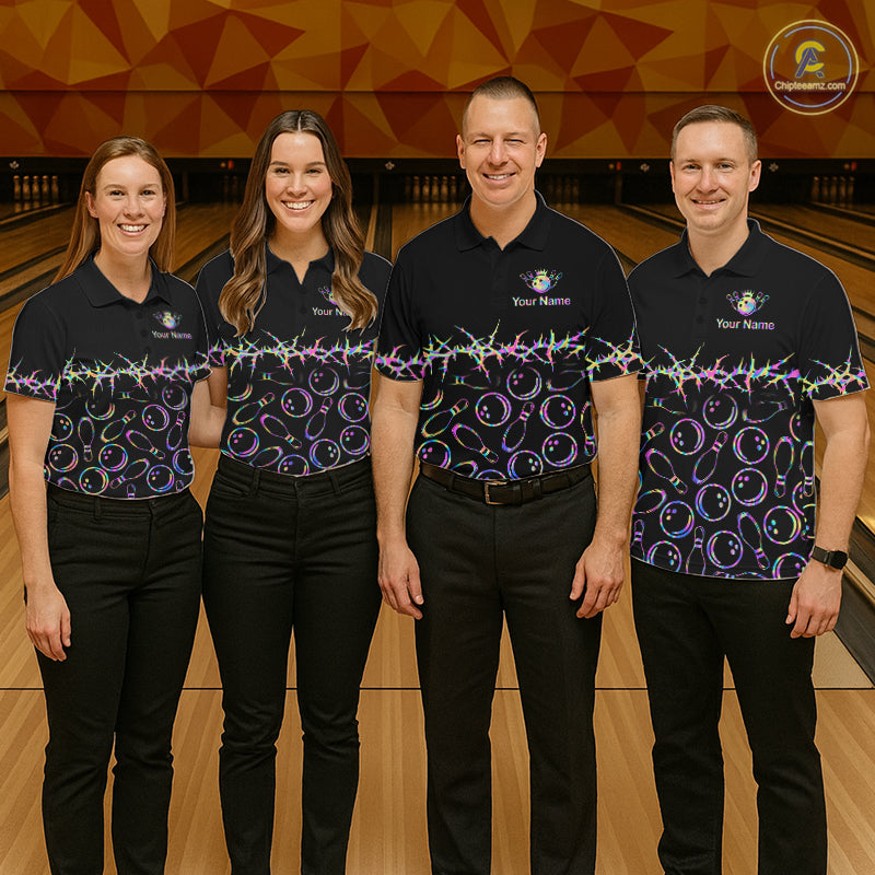 Personalized Bowling Shirt Black Neon Bowling Ball Custom Team Polo For Women NHT1269