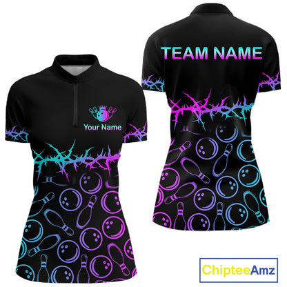 Black short-sleeve polo shirt shown from front and back on a white background, with bowling pin and ball patterns in neon blue, purple, and pink, plus customizable text areas reading TEAM NAME and Your Name. A ChipteeAmz logo appears in the bottom right.