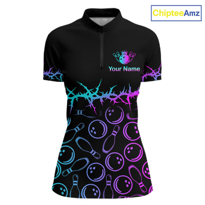 A women's short-sleeve quarter-zip bowling-themed polo shirt on a white background. The shirt is black with a colorful neon gradient design featuring bowling pins and bowling balls, a thorny graphic across the chest, and a custom logo placeholder on the left chest.
