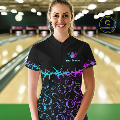 Personalized Bowling Shirt Black Cyan Purple Bowling Ball Team Polo For Women NHT1270