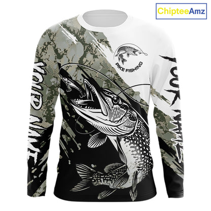 Personalized Gray Camo Northern Pike Fishing Jersey, Team Pike Fishing Long Sleeve Tournament Shirt NHT816