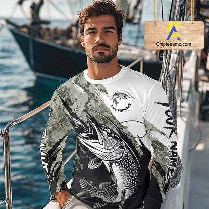 Personalized Gray Camo Northern Pike Fishing Jersey, Team Pike Fishing Long Sleeve Tournament Shirt NHT816