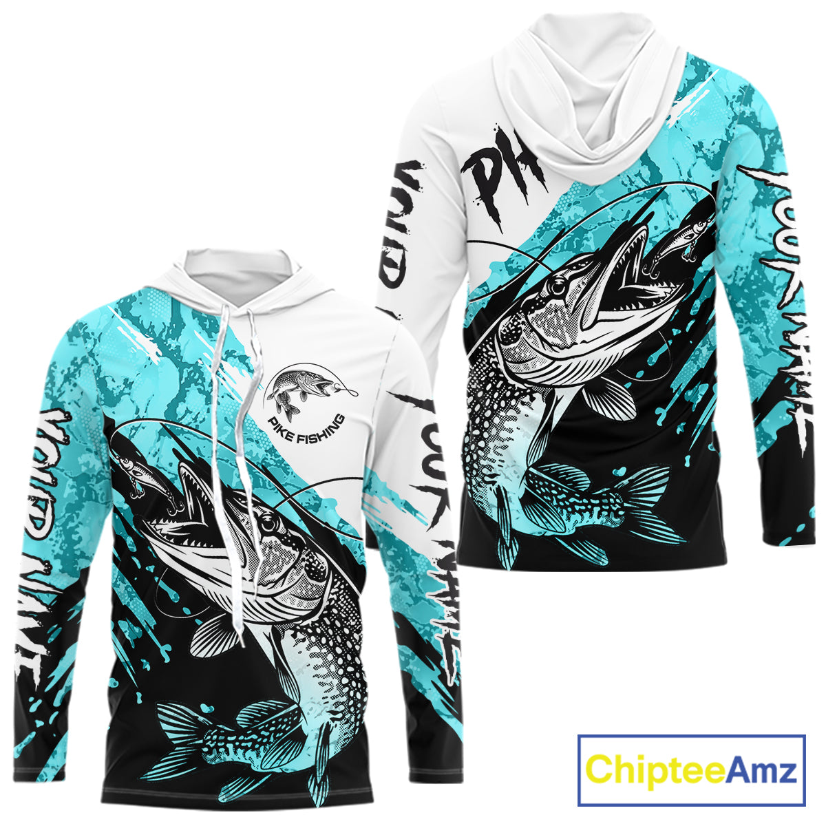 Personalized Turquoise Northern Pike Fishing Jersey, Team Pike Fishing Long Sleeve Hooded Shirt NHT817