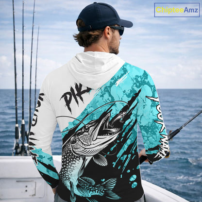 Personalized Turquoise Northern Pike Fishing Jersey, Team Pike Fishing Long Sleeve Hooded Shirt NHT817