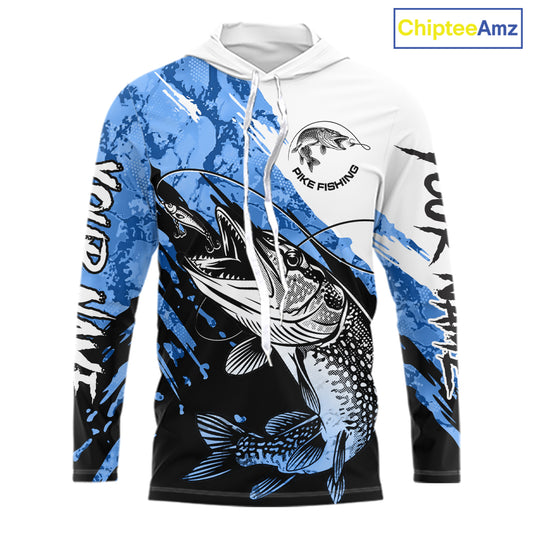 Personalized Blue Northern Pike Fishing Jersey, Team Pike Fishing Long Sleeve Hooded Tournament Shirt NHT818