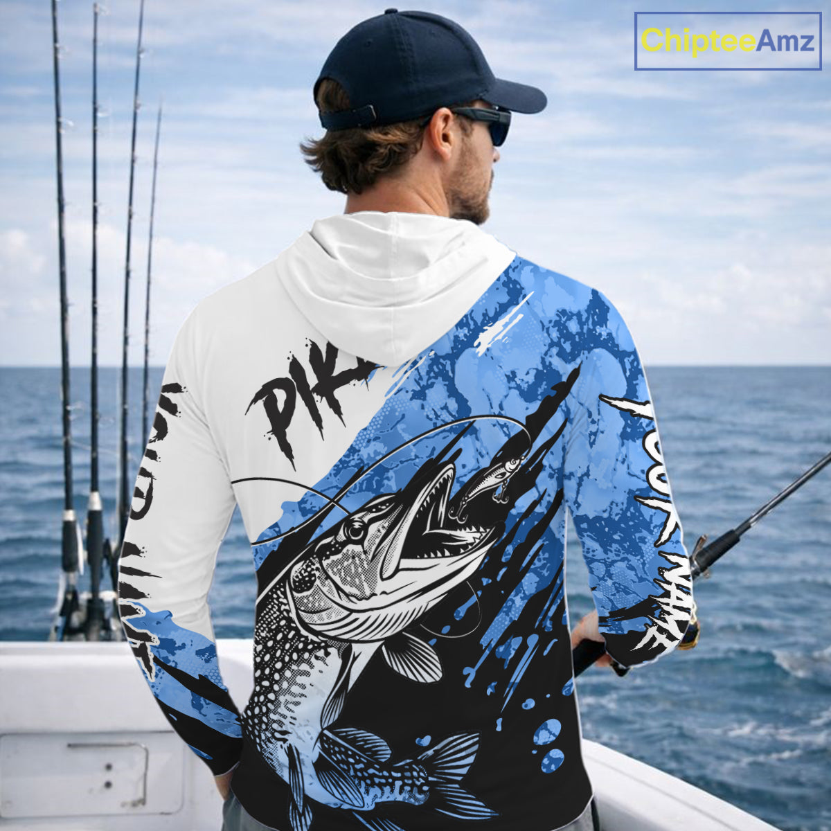 Personalized Blue Northern Pike Fishing Jersey, Team Pike Fishing Long Sleeve Hooded Tournament Shirt NHT818