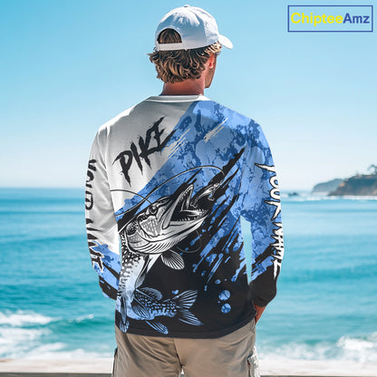 Personalized Blue Northern Pike Fishing Jersey, Team Pike Fishing Long Sleeve Tournament Shirt NHT818