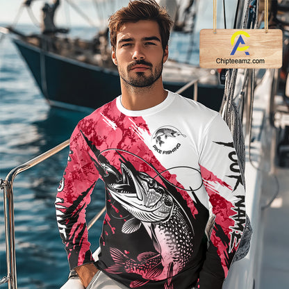Personalized Red Northern Pike Fishing Jersey, Team Pike Fishing Long Sleeve Tournament Shirt NHT819
