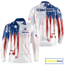 Load image into Gallery viewer, Front and back view American Flag golf white mens long sleeve golf polo shirt custom name