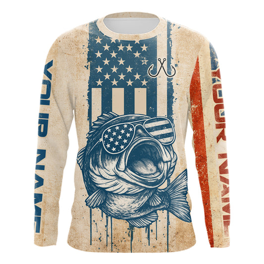 Custom Vintage Bass Funny Long Sleeve Fishing Shirt For Men,  Bass Patriotic Fishing Shirt NHT601