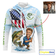 Load image into Gallery viewer, Personalized Bass Fishing Shirts Long Sleeve Hooded Custom Face Bass Fishing Patriot Shirt  NHT604