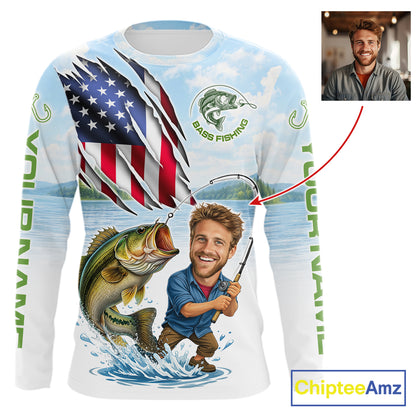 Personalized Bass Fishing Shirts Long Sleeve Custom Face Bass Fishing Patriot Shirt NHT604