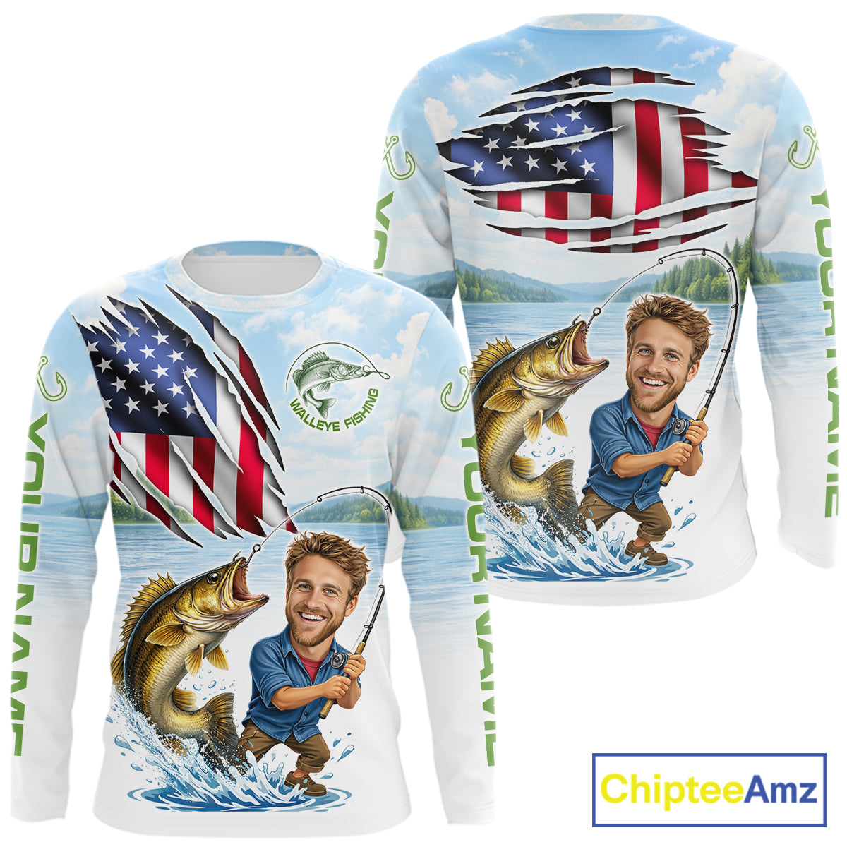 Personalized Walleye Fishing Shirts Long Sleeve Custom Face Walleye Fishing Patriot Shirt NHT605
