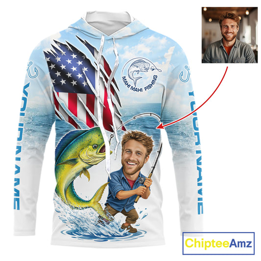 Personalized Mahi Mahi Fishing Shirts Long Sleeve Hooded Custom Face Mahi Mahi Fishing Patriot Shirt  NHT606