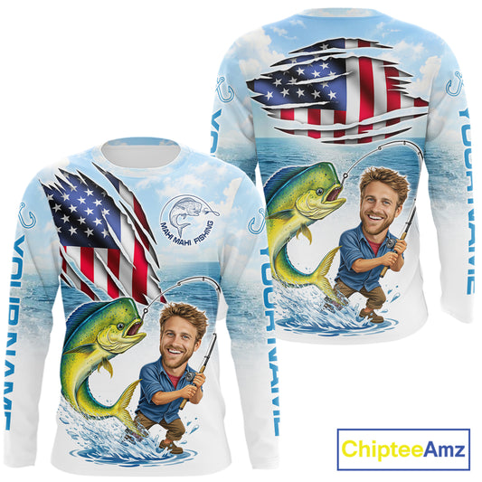 Personalized Mahi Mahi Fishing Shirts Long Sleeve Custom Face Mahi Mahi Fishing Patriot Shirt NHT606