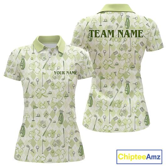 Custom Women’s Long Sleeve Golf Polo Shirt Lucky Shamrock Argyle Pattern Personalized Team Name