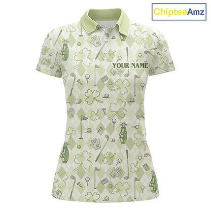 Custom Women’s Long Sleeve Golf Polo Shirt Lucky Shamrock Argyle Pattern Personalized Team Name|Green NHT969 - Women's Sho...