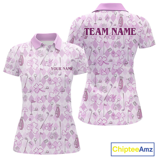 Custom Women’s Long Sleeve Golf Polo Shirt Lucky Shamrock Argyle Pattern Personalized Team Name