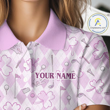 Load image into Gallery viewer, Custom Women’s Long Sleeve Golf Polo Shirt Lucky Shamrock Argyle Pattern Personalized Team Name