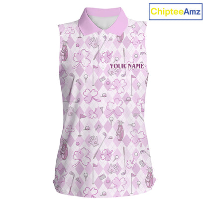 Custom Women's Sleeveless Golf Polo Shirt Lucky Shamrock Argyle Pattern Personalized Team Name|Pink NHT970 - Women's Sleev...