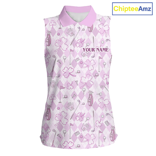 Custom Women's Sleeveless Golf Polo Shirt Lucky Shamrock Argyle Pattern Personalized Team Name|Pink NHT970 - Women's Sleev...