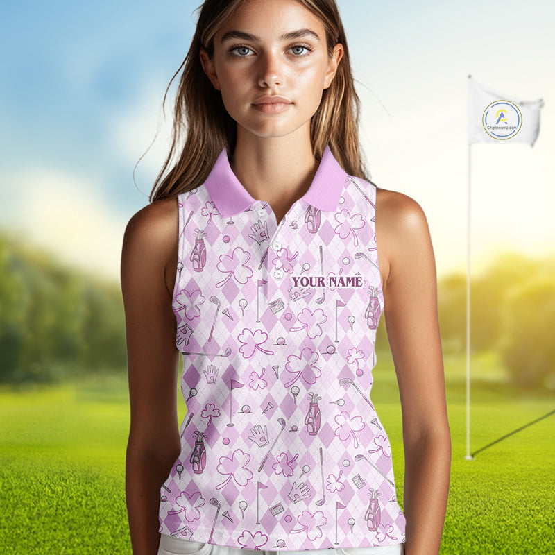 Custom Women's Sleeveless Golf Polo Shirt Lucky Shamrock Argyle Pattern Personalized Team Name