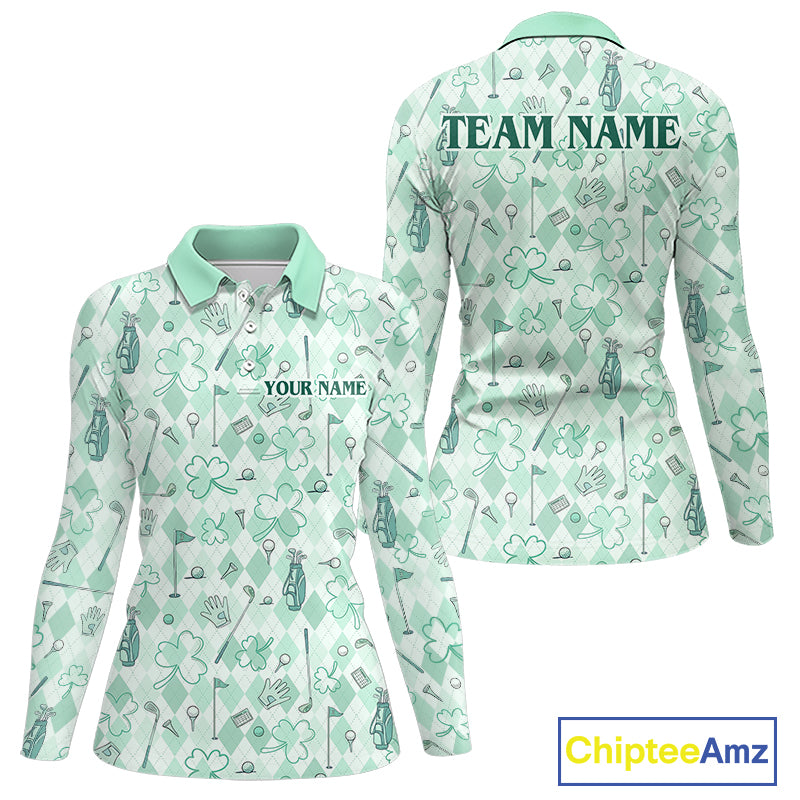 Custom Women’s Long Sleeve Golf Polo Shirt Lucky Shamrock Argyle Pattern Personalized Team Name