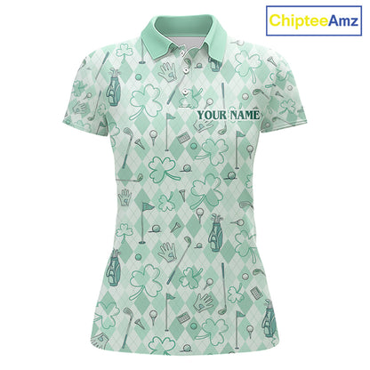 Custom Women’s Long Sleeve Golf Polo Shirt Lucky Shamrock Argyle Pattern Personalized Team Name|Tourquoise NHT971 - Women'...